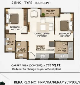 Conceptual 2 BHK floor plan layout, Habulus Oasis Grove, Jigani