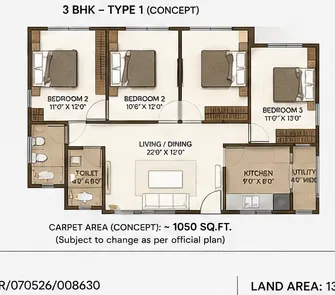 Conceptual 3 BHK floor plan layout, Habulus Oasis Grove, Jigani